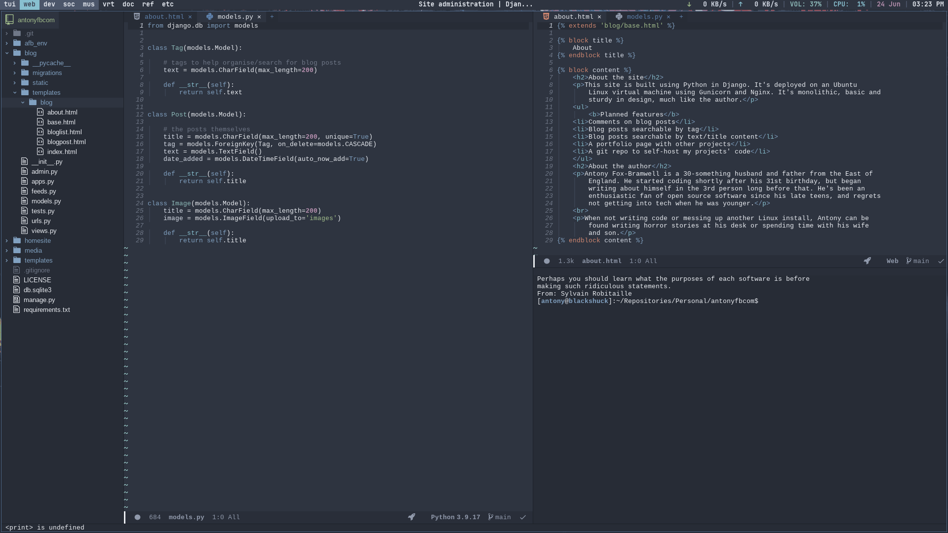 A picture of my Doom Emacs setup, with the file tree open on the side, two editing windows and a terminal emulator.