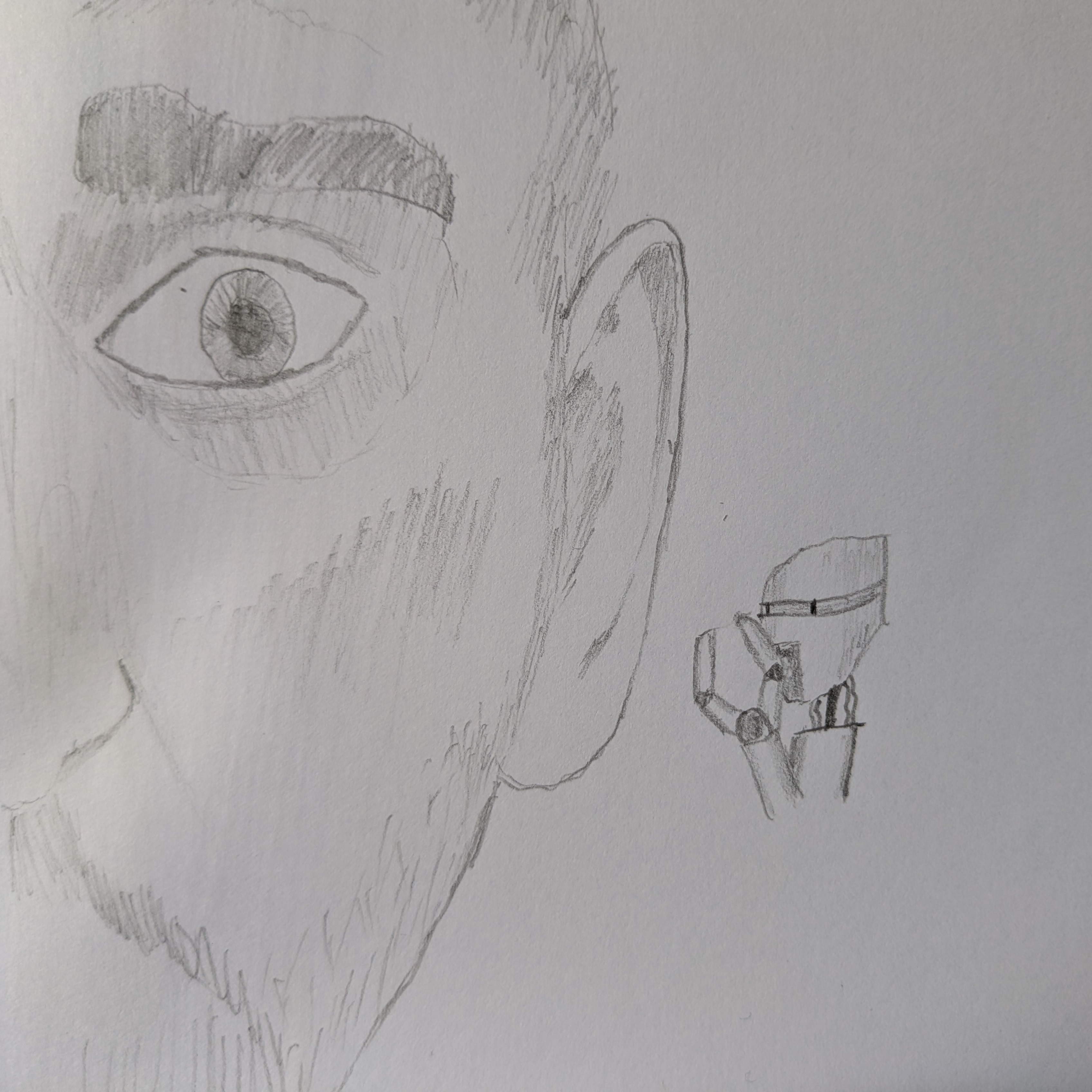 A sketch of a robot whispering in a man's ear